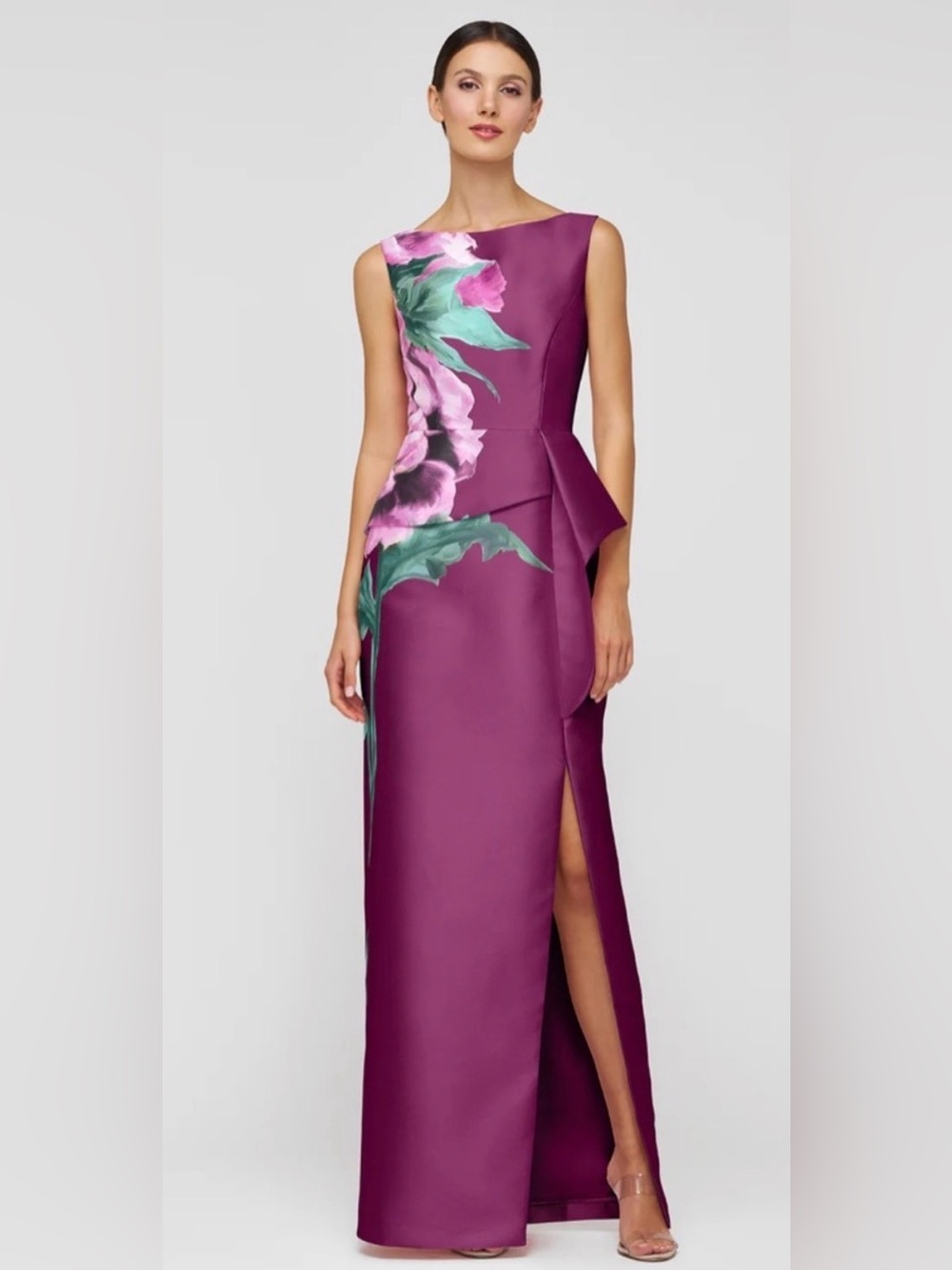 new Kay Unger Luciana floral mikado column gown in Mulberry combo